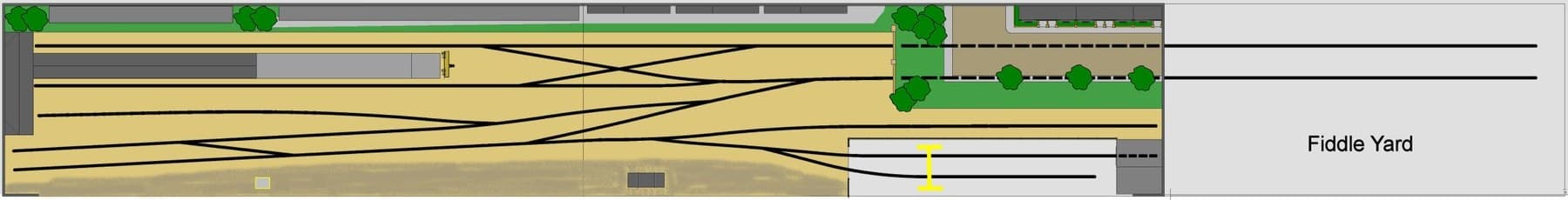 Track plan of Brighton East: the terminus on the left, the fiddle yard on the right