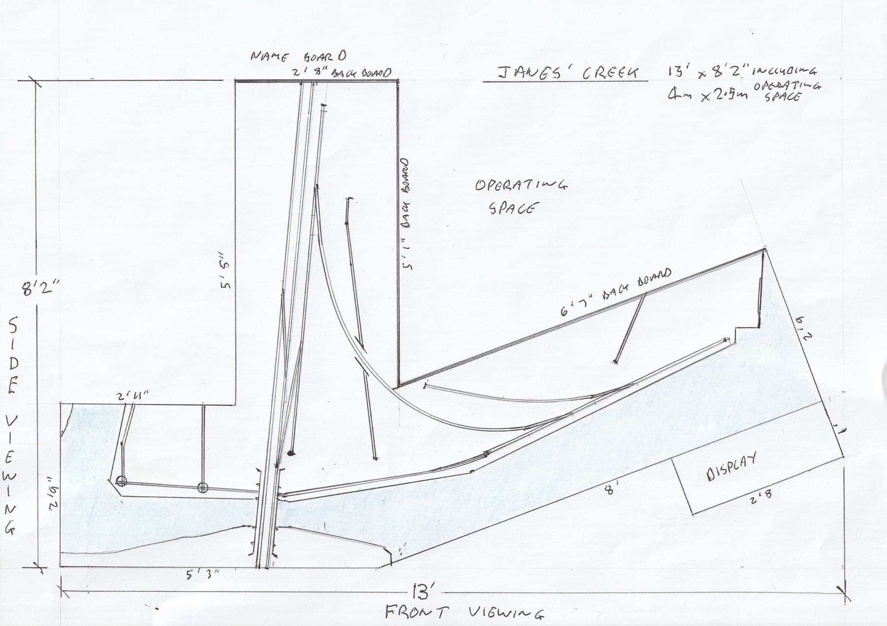Andrew's hand-drawn plan of Janes' Creek, 13ft by 8ft 2in including the operating space