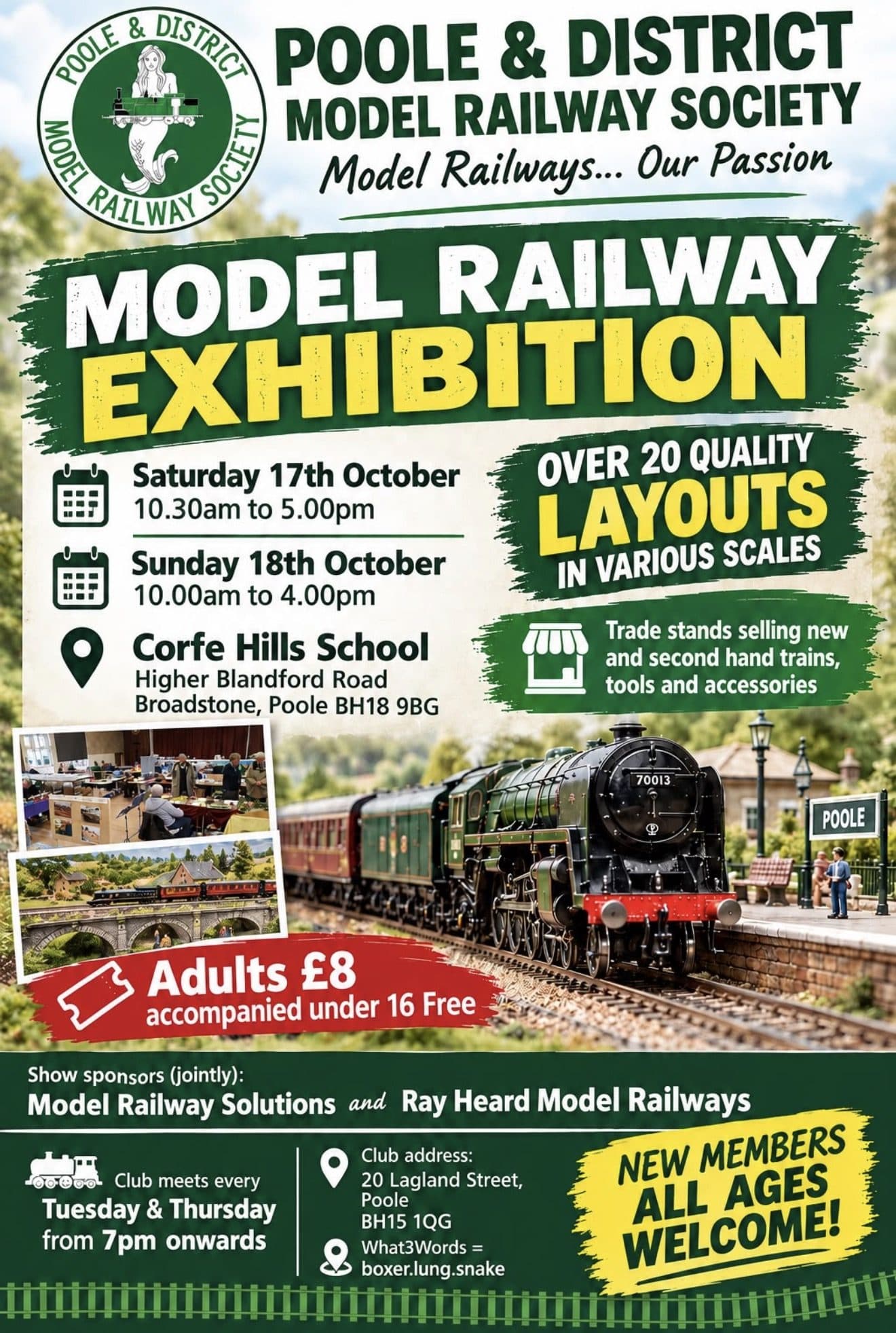 The 2026 exhibition poster: a steam locomotive at a station named Poole, with the show's dates, times, venue and prices